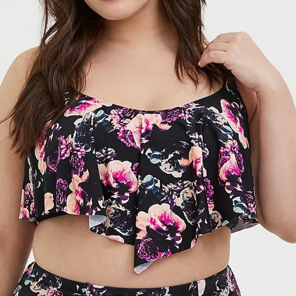 Torrid 1X XL Bikini Top Swim Black Floral Flounce